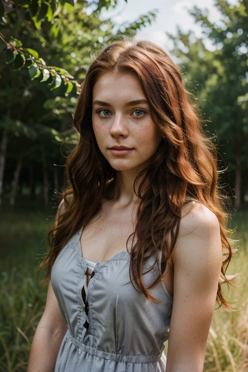 Siberian 26 years old, intense red head, gray eyes, realistic professional photo, dimples on the cheeks, perfect lean face, freckles, in the country, wearing a country large dress, very skinny, very curly long hair, face close up
