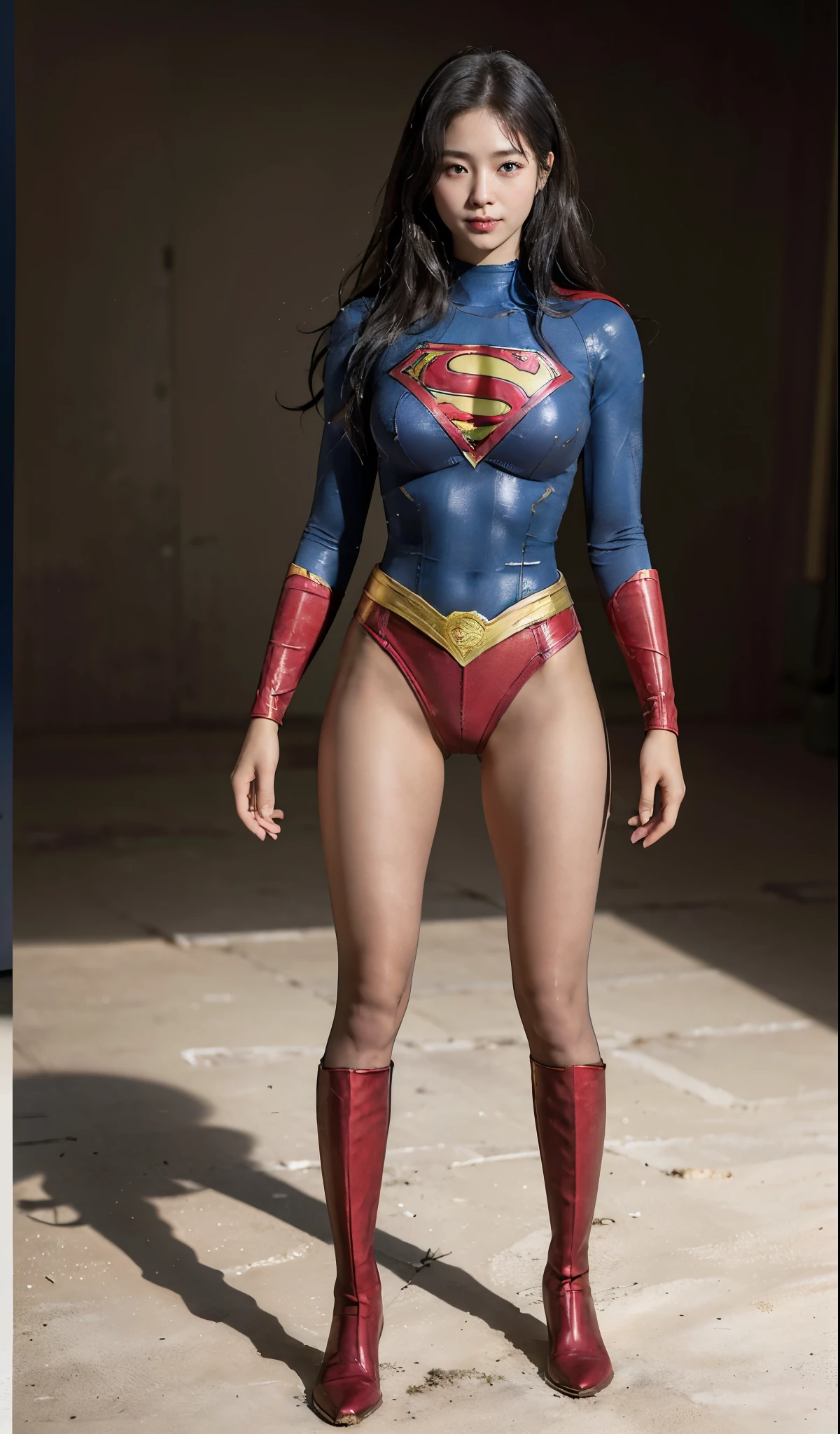 No background、(((Beautiful legs in black tights.)))、(((Legally express the beauty of your smile)))、((((Make the most of your original images)))、(((Supergirl Costume)))、(((Beautiful Hair)))、(((suffering)))、(((Please wear black tights....、Wear red boots)))、((Best image quality、8K))、((highest quality、8K、masterpiece:1.3))、(((Preserve background )))、Sharp focus:1.2、Beautiful woman with perfect figure:1.4、Thin abdominal muscles:1.2、Wet body:1.5、Highly detailed face and skin texture、8K