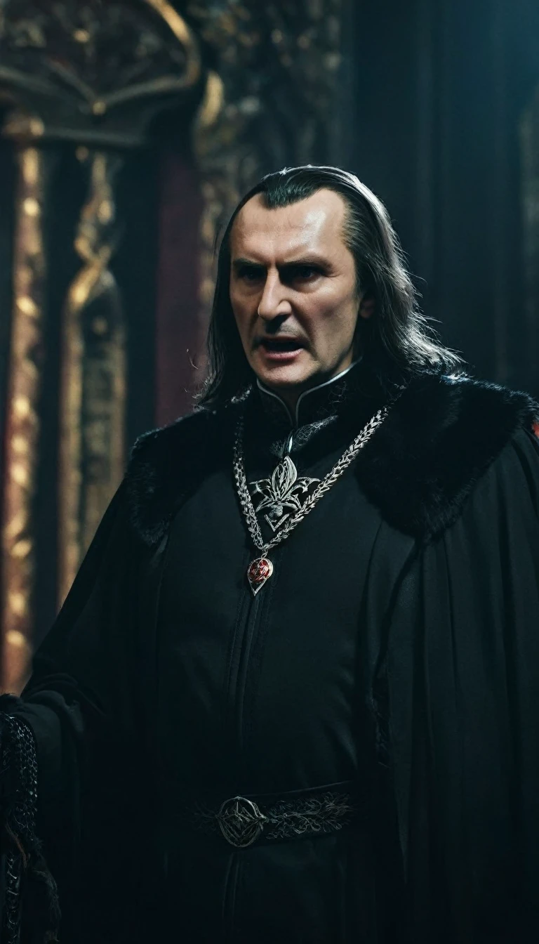 Vlad delivering a chilling speech, justifying his actions as necessary for the stability of Wallachia, background dark, hyper realistic, face detail, ultra detailed hyper realistic, photorealistic, Studio Lighting, reflections, dynamic pose, Cinematic, Color Grading, Photography, Shot on 50mm lens, Ultra-Wide Angle, Depth of Field, hyper-detailed, beautifully color, 8k