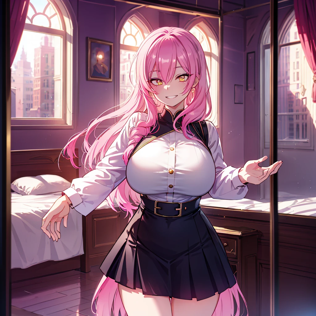 1 Girl, Pink Hair, Double tail, Long hair, Yellow eyes, Super detailed eyes, Smile, big Smile with teeth, Happy expression, Black skirt, focus on face, Room, window, Super detailed, 8k wallpaper, reflected light, Ray Tracing, Practical，(Huge breasts：1.8)