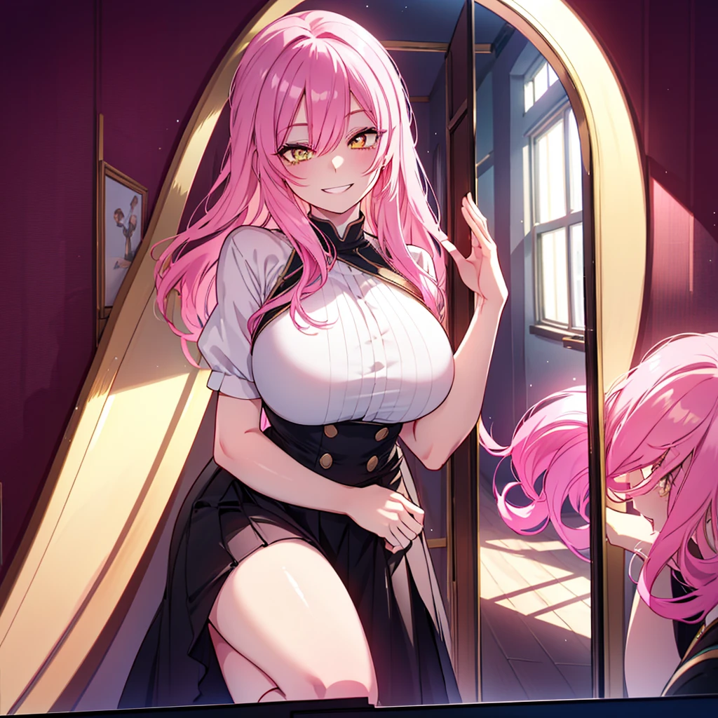 ((fujiwara chika)), ((pink hair)), black ribbon on the head, ((arms behind the head)), ((showing armpits)), long sexy skirt, large breasts, deep neckline, smiling, sexy, (((topless))), 8k, high quality, detailed, realistic, photo-realistic, masterpiece, professional, vibrant colors, cinematic lighting