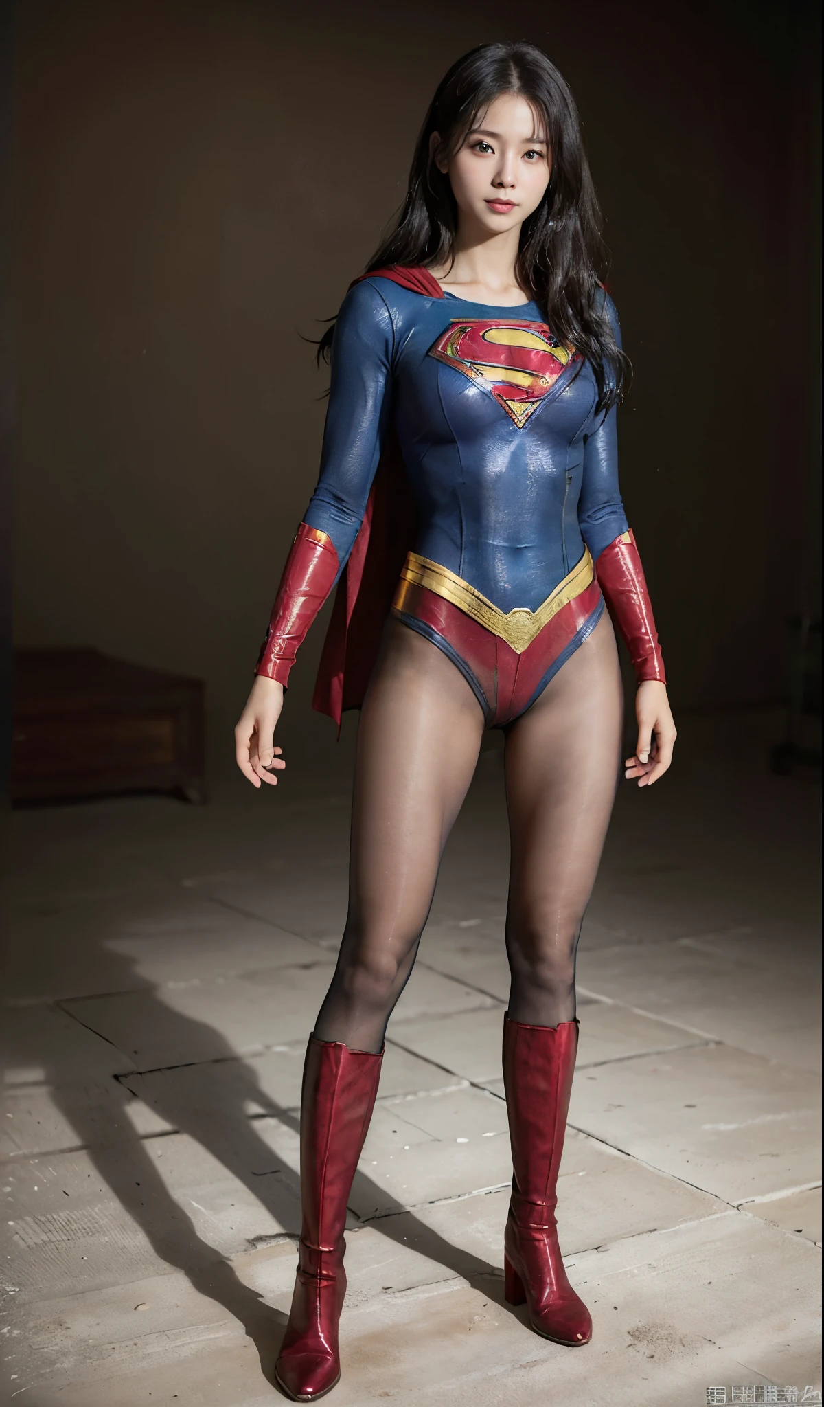 No background、(((Beautiful legs in black tights.)))、(((Legally express the beauty of your smile)))、((((Make the most of your original images)))、(((Supergirl Costume)))、(((Beautiful Hair)))、(((suffering)))、(((Please wear black tights....、Wear red boots)))、((Best image quality、8K))、((highest quality、8K、masterpiece:1.3))、(((Preserve background )))、Sharp focus:1.2、Beautiful woman with perfect figure:1.4、Thin abdominal muscles:1.2、Wet body:1.5、Highly detailed face and skin texture、8K
