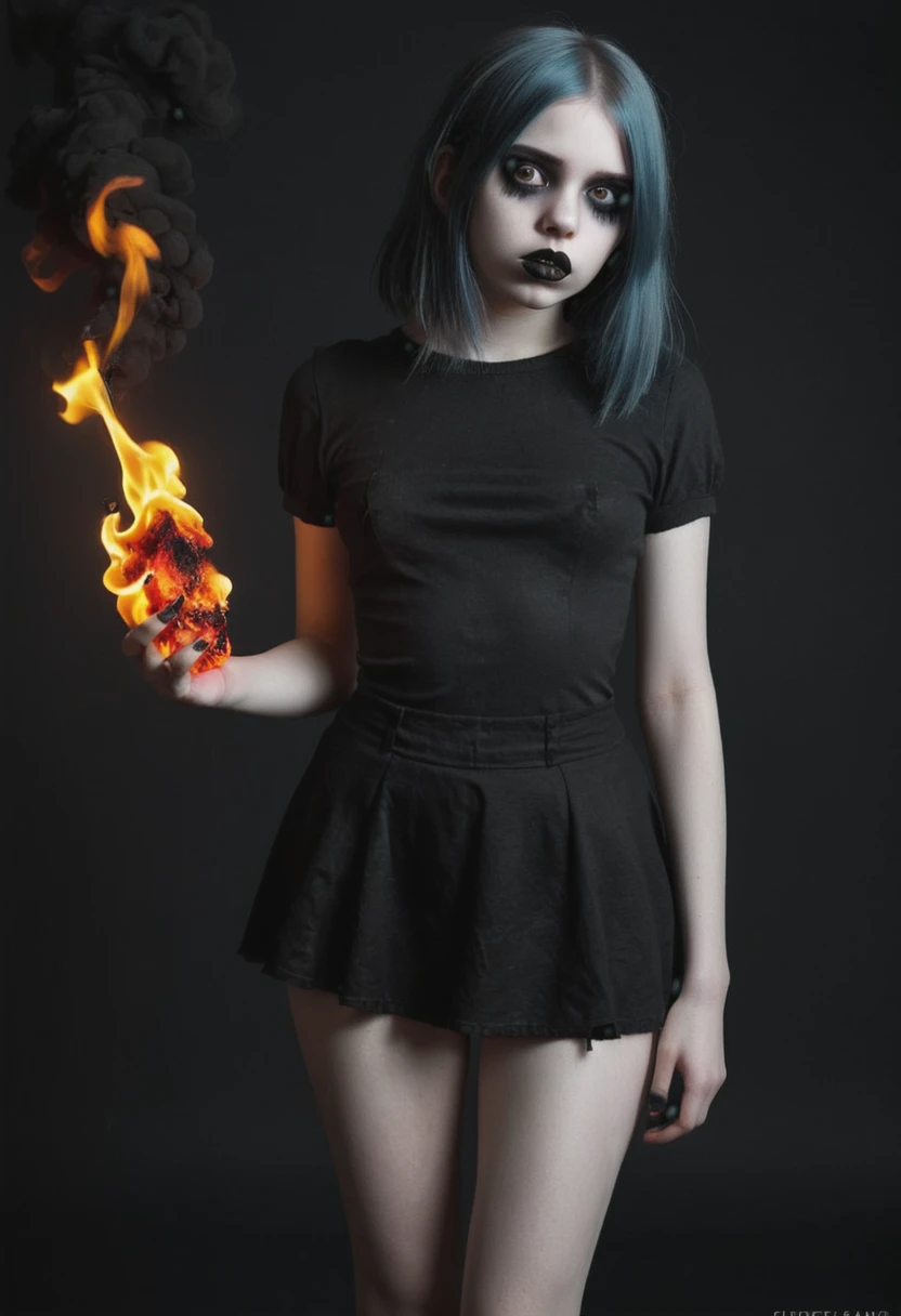 Alluring undead, young emo girl, full pouting black lips, pale skin ,empty eyes, full body view holding black fire in one hand