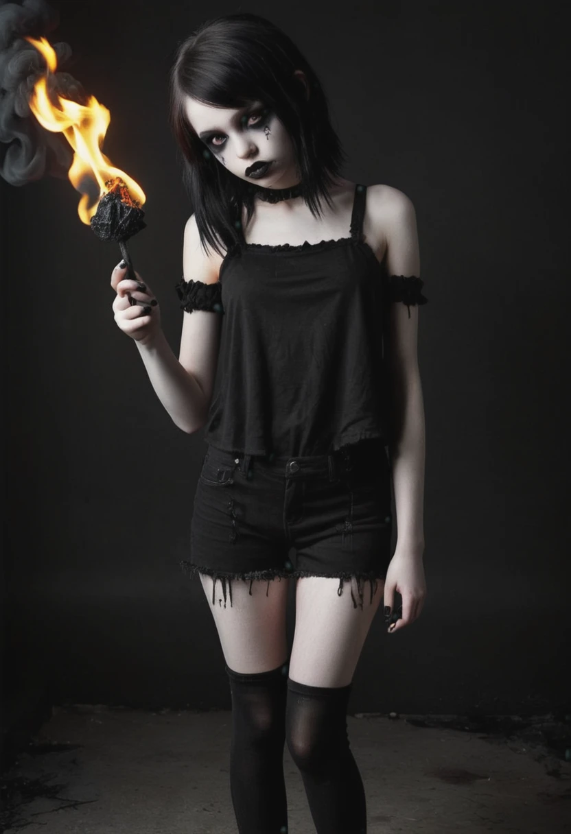 Alluring undead, young emo girl, full pouting black lips, pale skin ,empty eyes, full body view holding black fire in one hand
