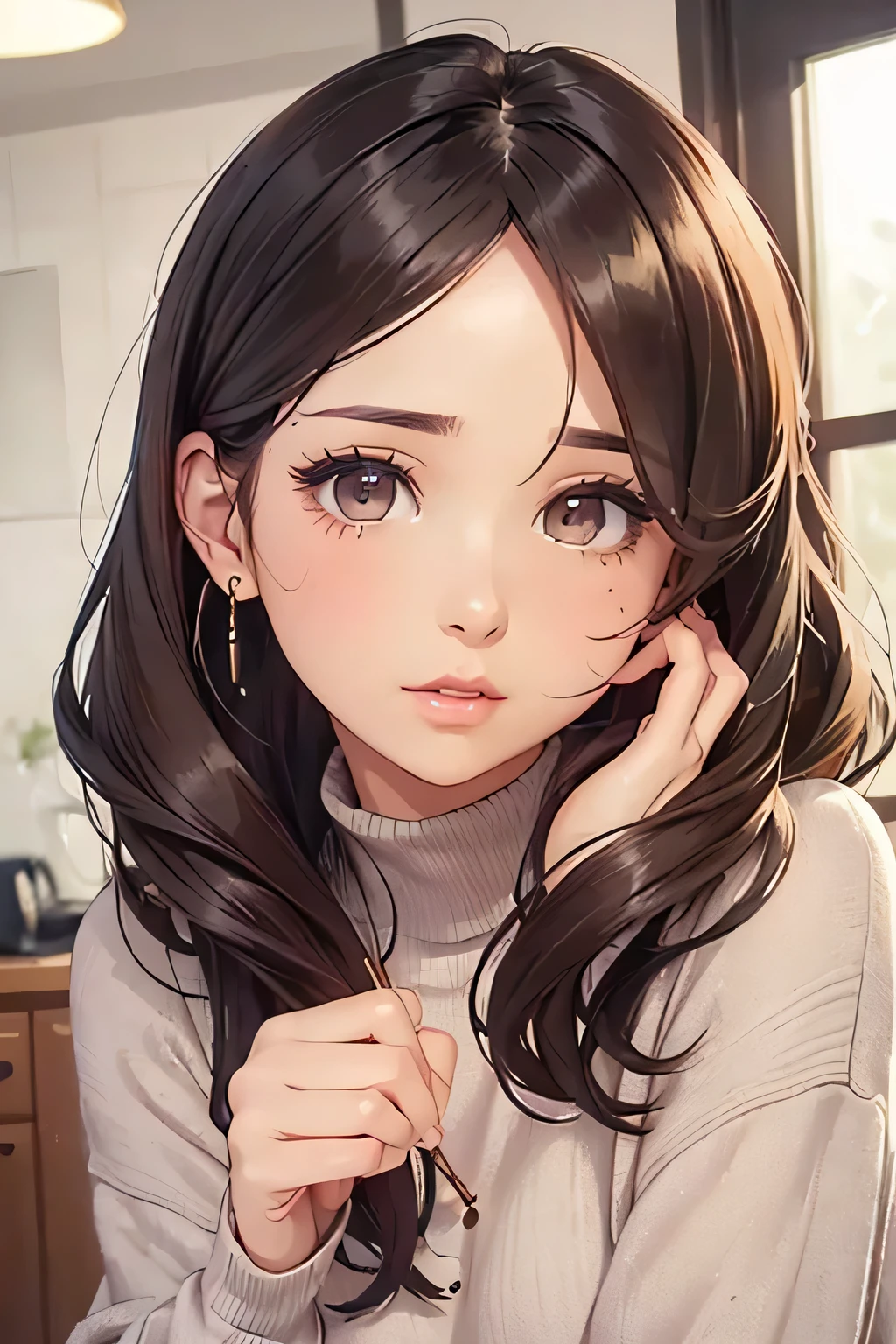 highest quality、High resolution、Detailed Background、(Beautiful face in every detail:1.4)、Anatomically correct、(Draw the usual number of fingers:1.2)、(Detailed facial expressions)、(Detailed eyes:1.2)、(Detailed eyes:1.2)、Beautiful, smooth skin、Beautiful women in their 20s、(Highly detailed face:1.4)、Cute hair color、Cute hairstyle、Wavy Hairstyle、well-groomed eyebrows、Perfect body line、cute gesture、Enjoy sexy style、Dress with confidence
(Woman spending casual days at home:1.5)、
Oversized sweater、Oversized shirt、Try layering it with a turtleneck or long sleeve top for a seasonal look.、very beautiful