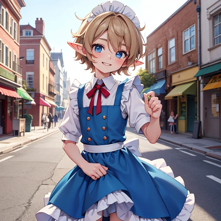 Beautiful, high quality, a 16 years old elf boy, twink body, blue eyes, cute face, messy hair, looking at the camera, smiling, wearing a maid dress, stand in a middle of street