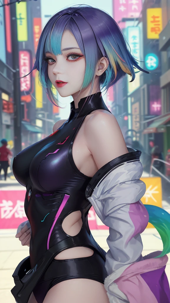 (masterpiece, best quality:1.3), Lucy, 1 girl, (colorful hair:1.4), Lucy (cyberpunk), cyberpunk,( bare shoulders:0.8), (Smile:0.6), looking at the audience, focus only, Bangs, red lips, , red eyeliner, elder sister, Colorful head profile:0.6),