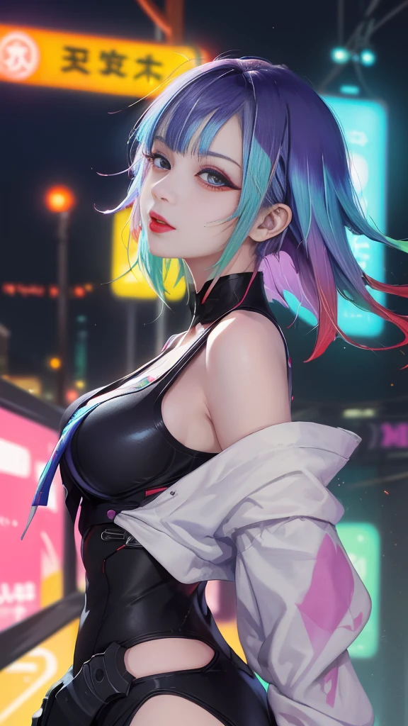 (masterpiece, best quality:1.3), Lucy, 1 girl, (colorful hair:1.4), Lucy (cyberpunk), cyberpunk,( bare shoulders:0.8), (Smile:0.6), looking at the audience, focus only, Bangs, red lips, , red eyeliner, elder sister, Colorful head profile:0.6),