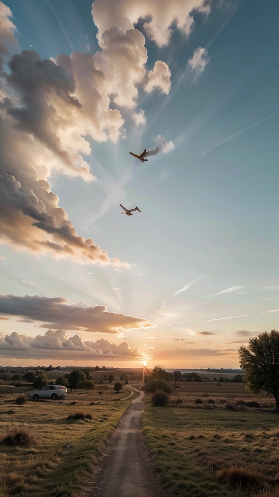 Sky background evening time orange color clouds no buildings in the photo 4k ultra realistic birds shadow present