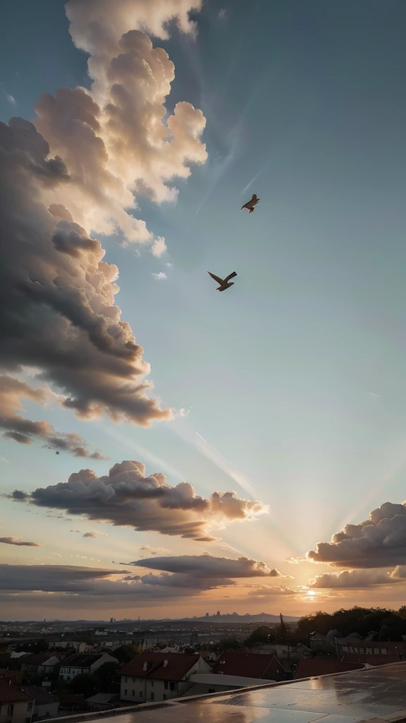 Sky background evening time orange color clouds no buildings in the photo 4k ultra realistic birds shadow present