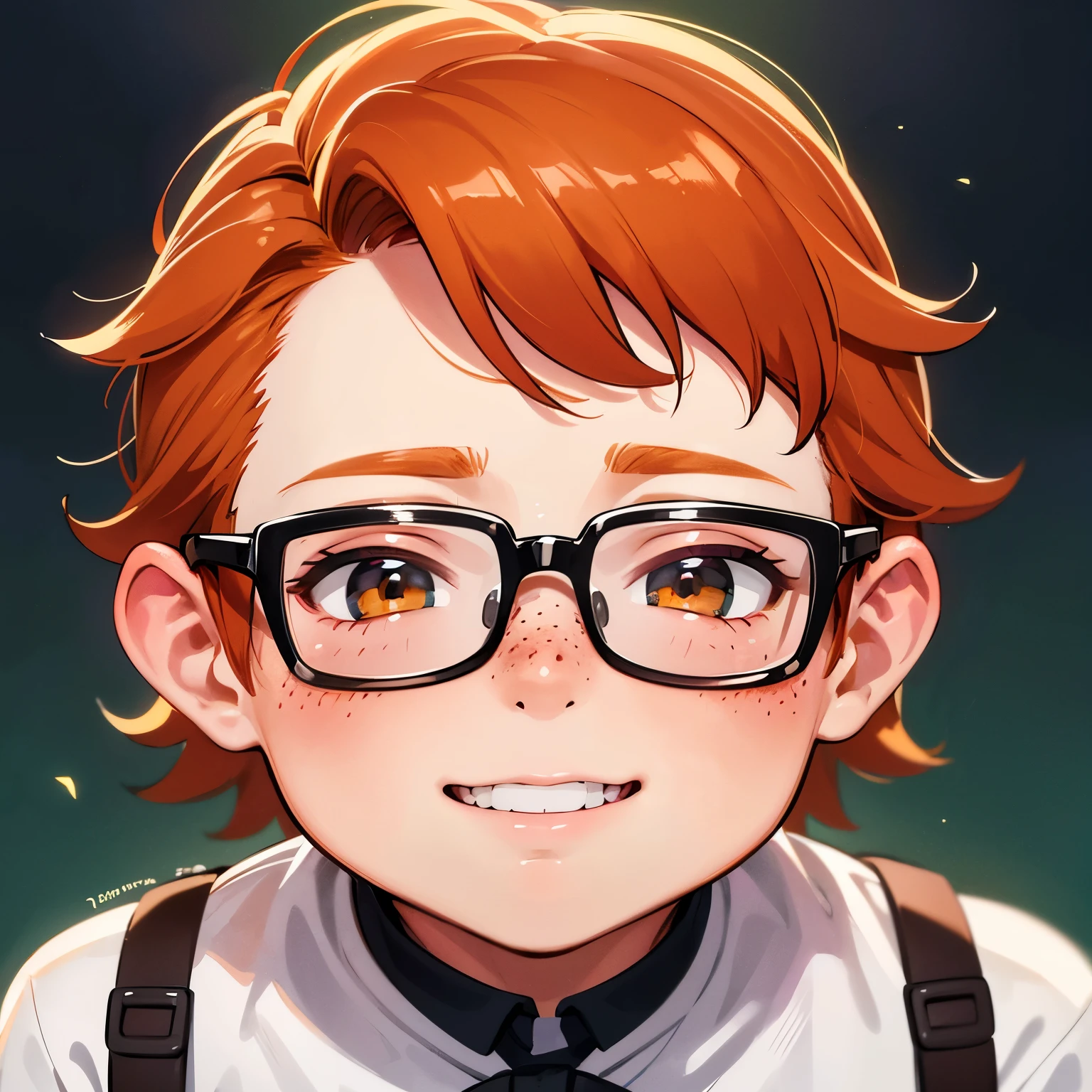 (a chubby 1boys:1.1,ginger:1.1) (boy:1.1,with rounded glasses:1.1,and freckles:1.1),(best quality:1.2) (portrait:1.1,art:0.9,painting) of a cute chubby ginger boy with a warm smile. He has big rounded glasses that highlight his expressive eyes. His hair is ginger and his face is adorned with adorable freckles. The portrait is (realistic:1.37) and (ultra-detailed), capturing every small detail of the boy's features. The lighting is soft and (ideal:0.9), casting a warm glow on his face. The colors are vibrant and (vivid), enhancing the cheerful and lively atmosphere. The background is a subtle blend of earthy tones, creating a harmonious and inviting setting. The overall composition has a playful and whimsical touch.