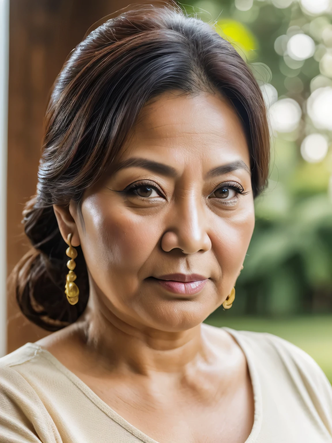 (Realistic) 52 Years old Brunei mature woman, (chubby body shape), Big : 34.9, (beauty natural makeup) soft smile, long dark bun messy hair ,Brown eyes, (A lot of wrinkles on her face:1.4), (There are many wrinkles on her chest1.4), Detailed wrinkles (8K, High resolution,ultra-quality ,(Old Woman in Jakarta), Outdoor, Daylight, dynamic background, professional photography with excellent lighting, 