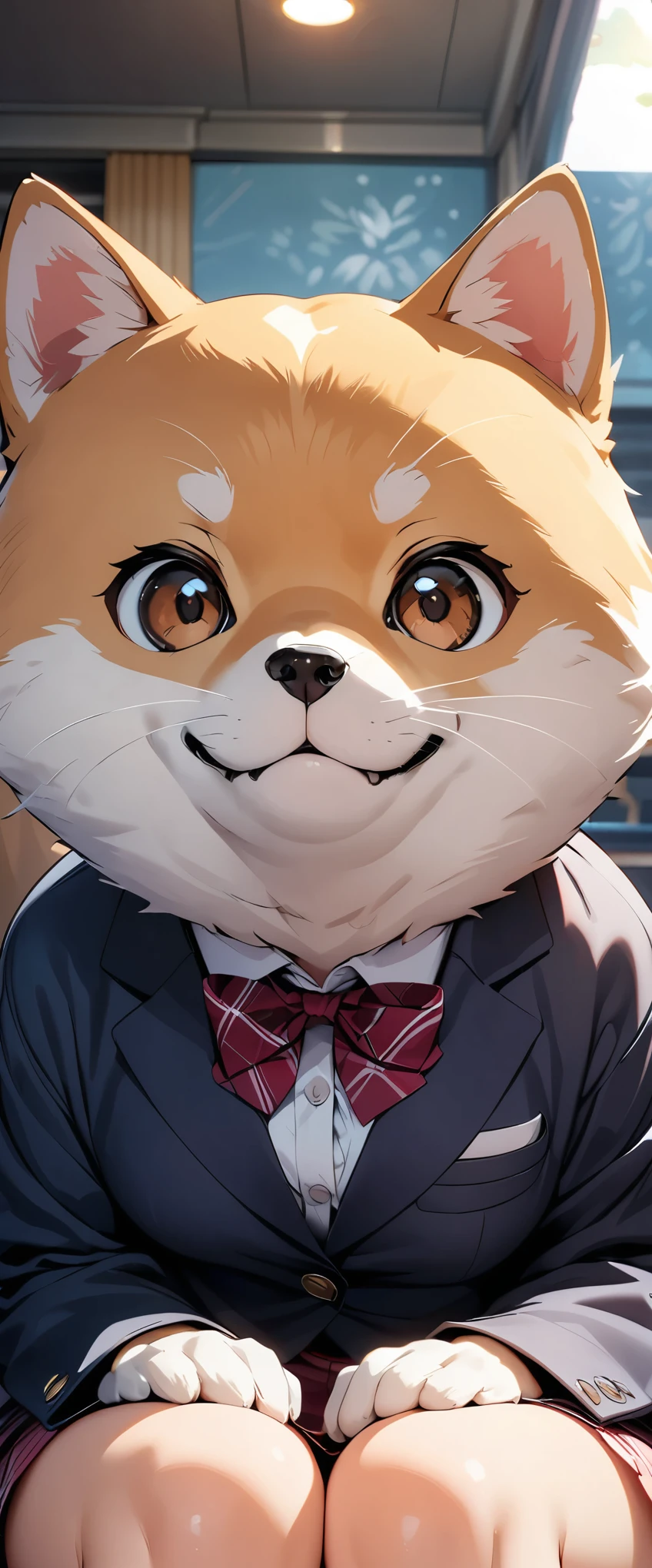 ((Masterpiece, top quality, high resolution)), ((highly detailed CG unified 8K wallpaper)),  close up photo of a shiba, Relaxing on a woman's leg, Cute and sitting,