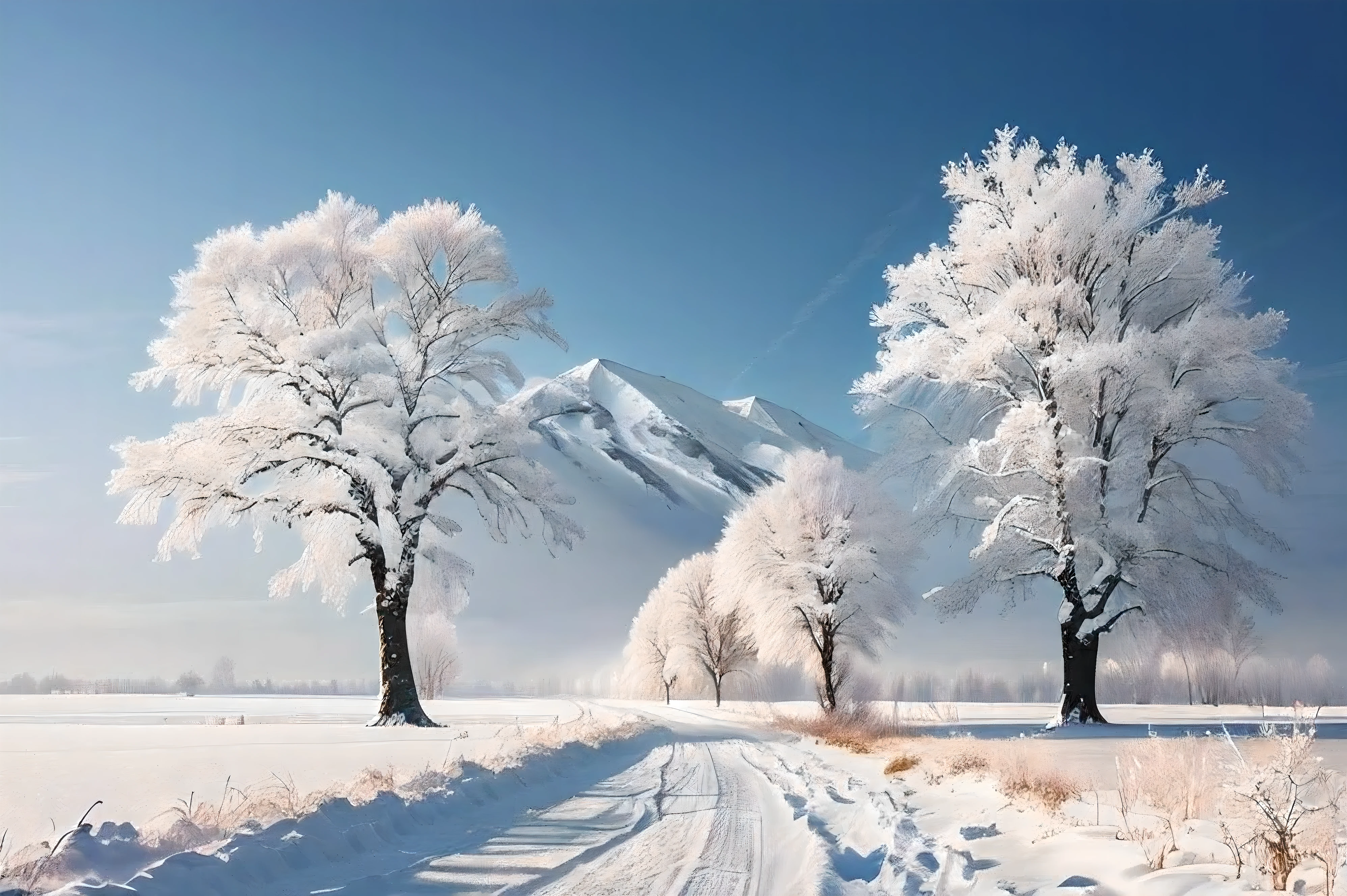 Landscape of snowy road with trees in the distance, beautiful Snow Scene, Sunny winter day, beautiful winter area, Snow Scene, Winter snow, winter landscape outside, Winter atmosphere, breathtakingly beautiful trees, Amazingly beautiful trees, winter landscape, Snow White Winter, winter photograph, Snow Scene, (3 are winter, Snow White, outside winter landscape