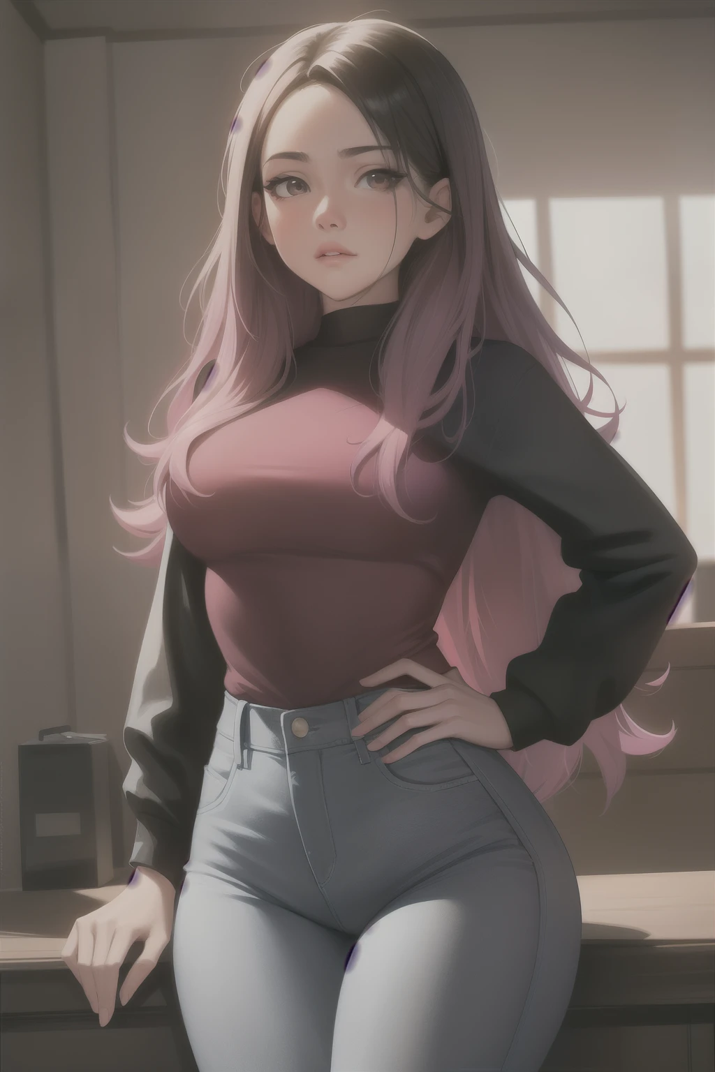 ultra-realistic, 1girl, blondish pink hair, blue eyes, glowing eyes, sweater crop top, classroom, skirt, parted lips, blush, tinted windows,nsfw, panties
