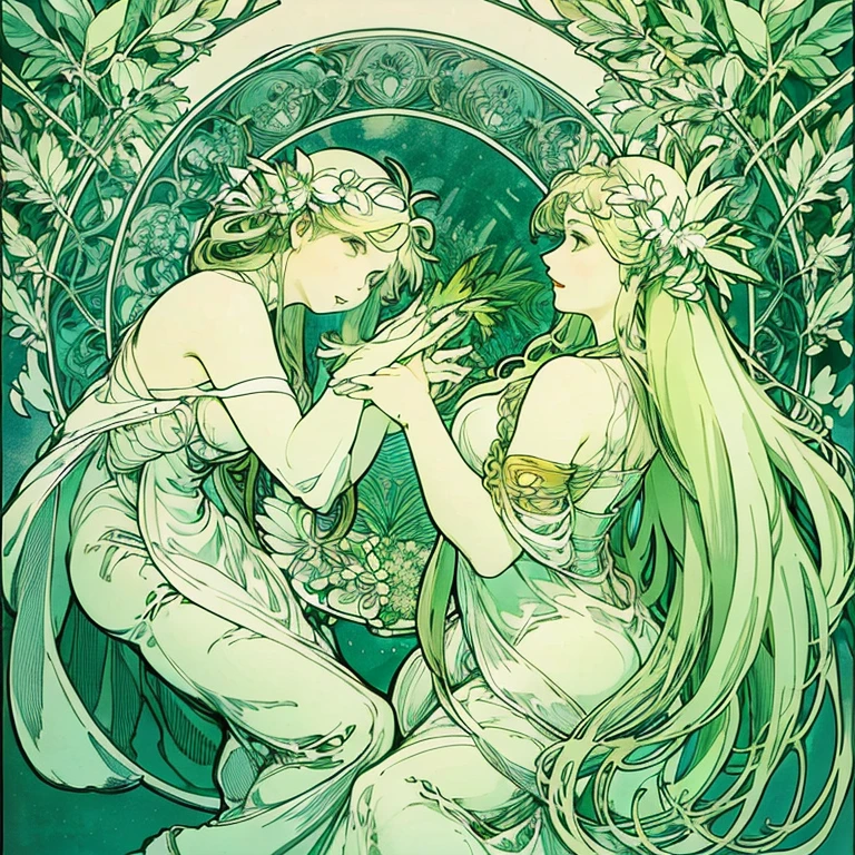 All pure white、A fantastical green and white world、Foliage plant、A beautiful woman lost in a land of plants、Surrounded by a forest of fantastic plants、Beautiful woman is an adventurer、Only the eyes are green