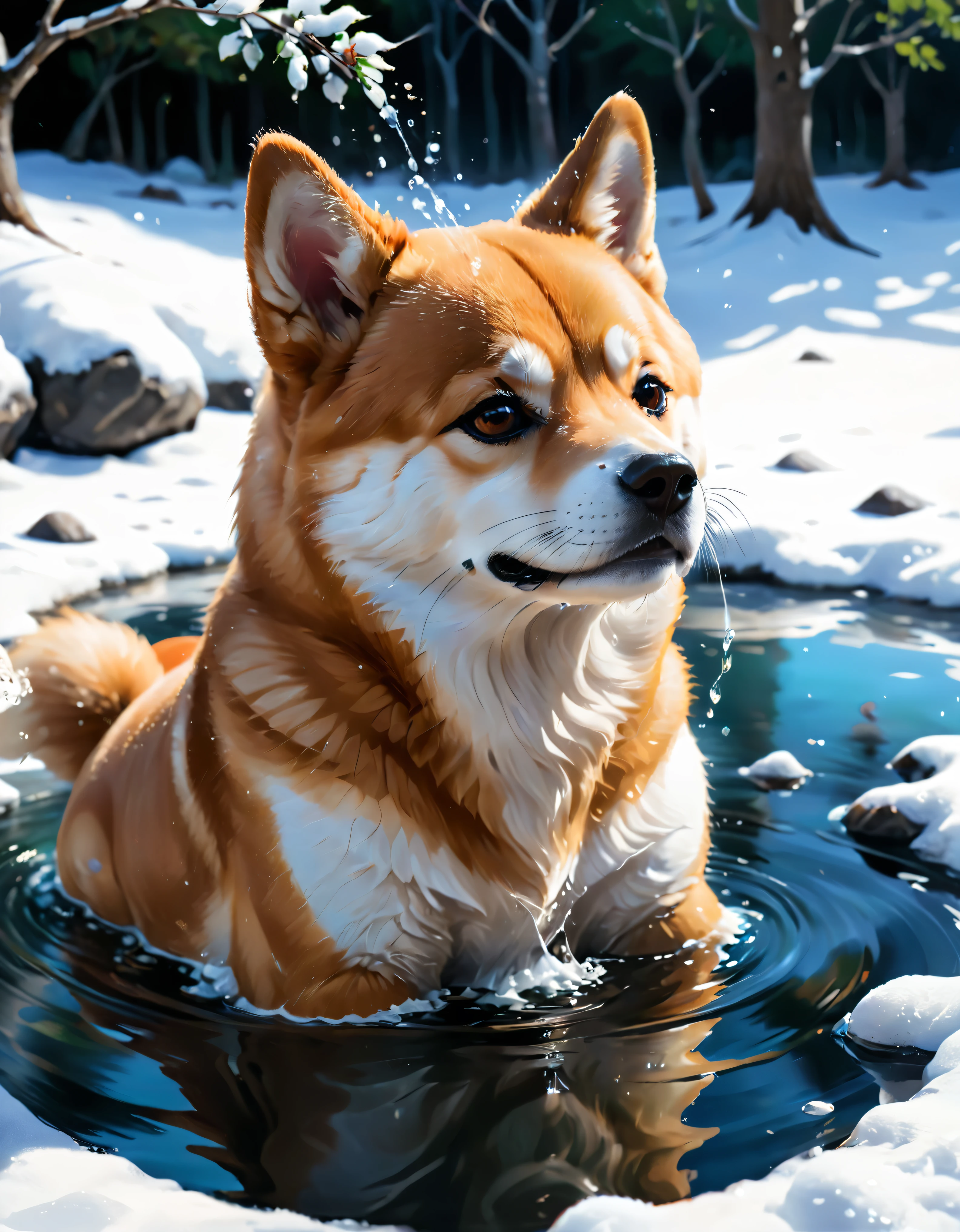 ((soft_color_painting:)1.5), ((soft_color_tones):1.4), ((crystal clear water reflection background):1.3), ((soft color cute shiba inu):1.4)),((macro view of a steaming japanese spa in snowy winter):1.2),((Movie-like still images and dynamic angles):1.3), ((cool and beautiful shadow silhouette):1.1), Gouache with intricate details, Add a touch of realism to this visually detailed and stylistically diverse masterpiece, Detailed brushstrokes have been enhanced, Careful brushwork creates an atmosphere, Utilize delicate yet powerful brushstroke techniques, Create an enchanting atmosphere. highly detailed gouache, ((Unparalleled sharpness and clarity):1.1), ((Radiosity rendered in stunning 32K resolution):1.3), All captured with sharp focus. Rendered in ultra-high definition with UHD and retina quality, this masterpiece ensures anatomical correctness and textured skin with super detail. With a focus on high quality and accuracy, this award-winning portrayal captures every nuance in stunning 16k resolution, immersing viewers in its lifelike depiction. | ((perfect_composition, perfect_design, perfect_layout, perfect_detail, ultra_detailed)), ((enhance_all, fix_everything)), More Detail, Enhance.