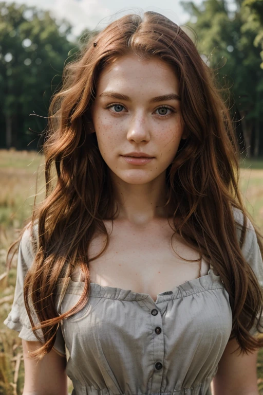 Siberian 26 years old, intense red head, gray eyes, realistic professional photo, dimples on the cheeks, perfect lean face, freckles, in the country, wearing a country large dress, very skinny, very curly long hair, face close up, very pale, no shadows in her skin

