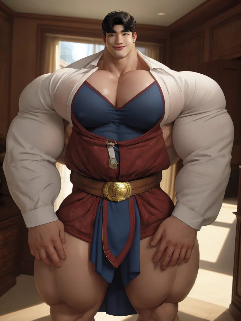 1boy asian male, (korean man with k-pop idol look), black hair, giant, model shoot style, looking at viewer, standing, strong body, standing, in the room, exotic skin, superman costume, prominent muscle bulge, brutalmass, detailed face, heavy muscular, stubble, photo real, sexy, big, brutalmass, giant, muscular body, bulk, massive body, large size, smile, illuminating light, golden hour, outdoor