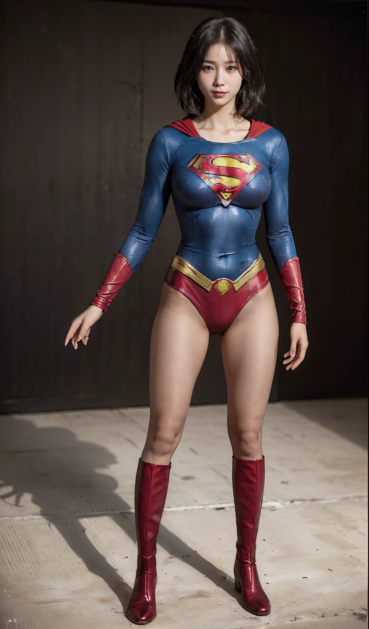 No background、(((Beautiful legs in black tights.)))、(((Legally express the beauty of your smile)))、((((Make the most of your original images)))、(((Supergirl Costume)))、(((Beautiful ultra-short hair)))、(((suffering)))、(((Please wear black tights....、Wear red boots)))、((Best image quality、8K))、((highest quality、8K、masterpiece:1.3))、(((Preserve background )))、Sharp focus:1.2、Beautiful woman with perfect figure:1.4、Thin abdominal muscles:1.2、Wet body:1.5、Highly detailed face and skin texture、8K