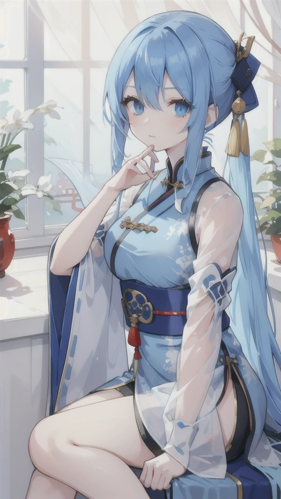 blue-haired girl, vibrant blue eyes, traditional Chinese gown and armor in shades of blue, a blue dagger, swallows