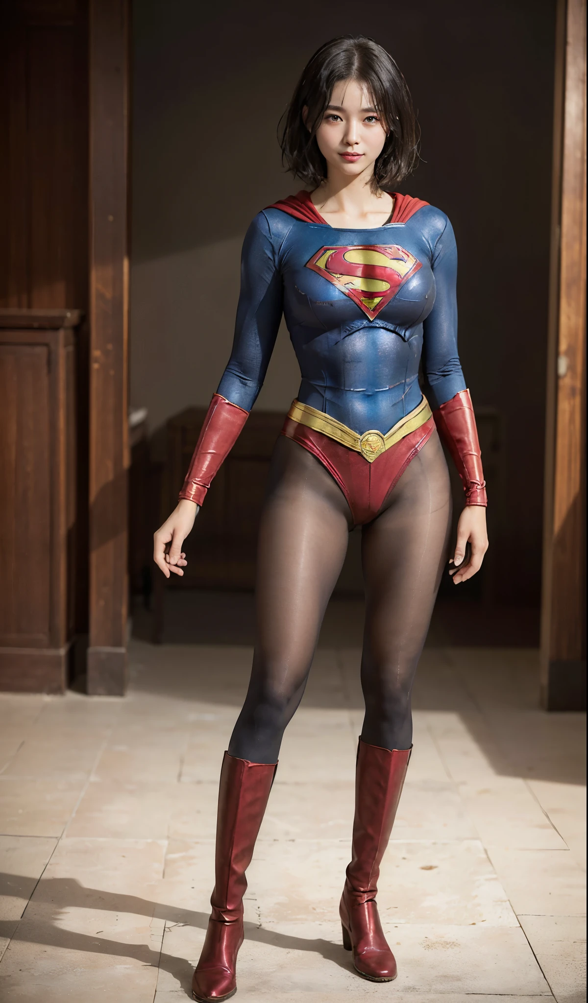 No background、(((Beautiful legs in black tights.)))、(((Legally express the beauty of your smile)))、((((Make the most of your original images)))、(((Supergirl Costume)))、(((Beautiful ultra-short hair)))、(((suffering)))、(((Please wear black tights....、Wear red boots)))、((Best image quality、8K))、((highest quality、8K、masterpiece:1.3))、(((Preserve background )))、Sharp focus:1.2、Beautiful woman with perfect figure:1.4、Thin abdominal muscles:1.2、Wet body:1.5、Highly detailed face and skin texture、8K