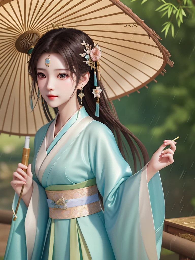 Masterpiece, extremely detailed CG unity 8k wallpaper, 1 girl, beautiful, realistic, blur, blurred background, blurred foreground, bamboo forest, depth of field, earrings, jewelry, nose, realistic, solo, hanfu, holding oli paper umbrella, rain