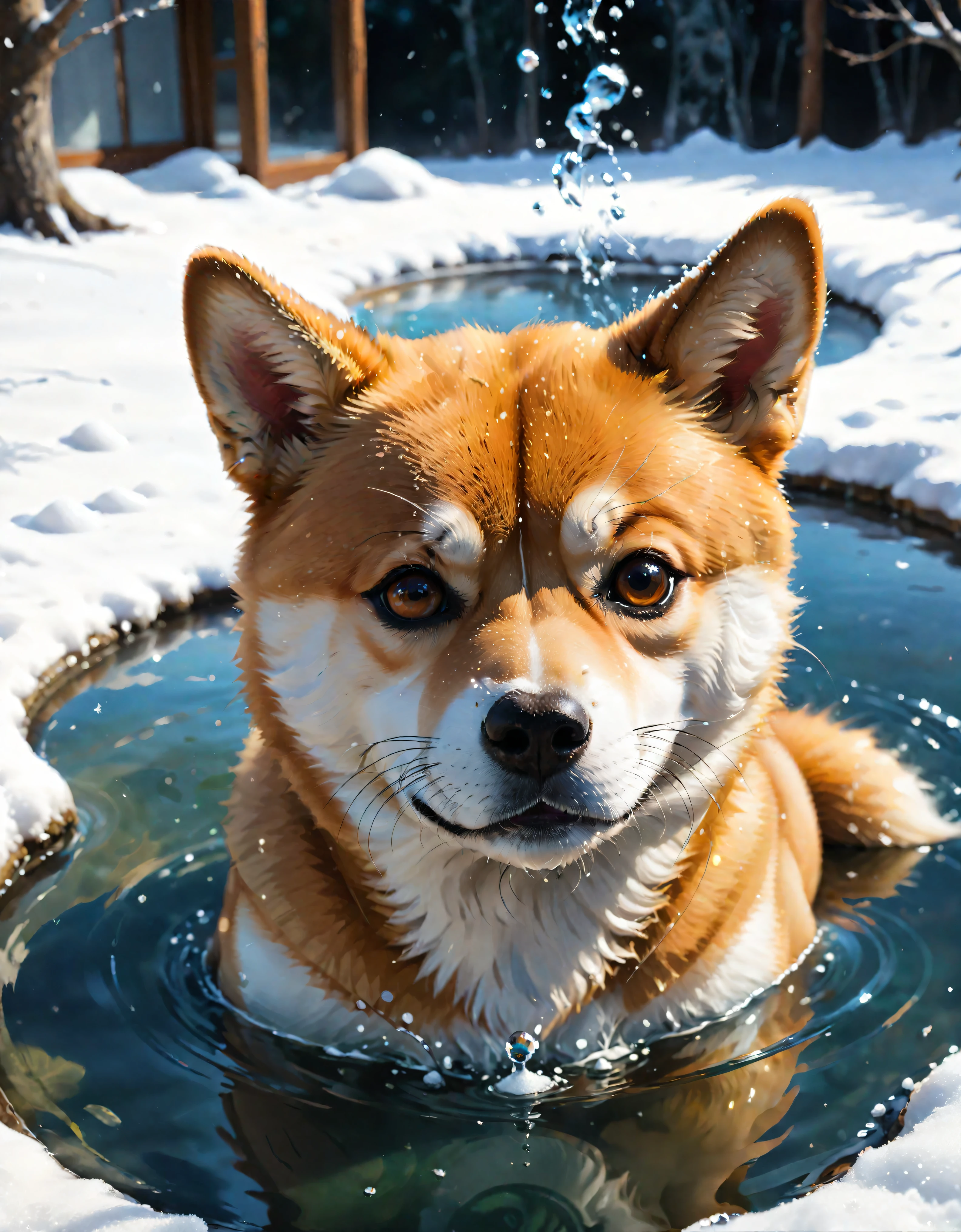 ((soft_color_painting:)1.5), ((soft_color_tones):1.4), ((crystal clear water reflection background):1.3), ((soft color cute shiba inu):1.4)),((macro view of a steaming japanese spa in snowy winter):1.2),((Movie-like still images and dynamic angles):1.3), ((cool and beautiful shadow silhouette):1.1), Gouache with intricate details, Add a touch of realism to this visually detailed and stylistically diverse masterpiece, Detailed brushstrokes have been enhanced, Careful brushwork creates an atmosphere, Utilize delicate yet powerful brushstroke techniques, Create an enchanting atmosphere. highly detailed gouache, ((Unparalleled sharpness and clarity):1.1), ((Radiosity rendered in stunning 32K resolution):1.3), All captured with sharp focus. Rendered in ultra-high definition with UHD and retina quality, this masterpiece ensures anatomical correctness and textured skin with super detail. With a focus on high quality and accuracy, this award-winning portrayal captures every nuance in stunning 16k resolution, immersing viewers in its lifelike depiction. | ((perfect_composition, perfect_design, perfect_layout, perfect_detail, ultra_detailed)), ((enhance_all, fix_everything)), More Detail, Enhance.