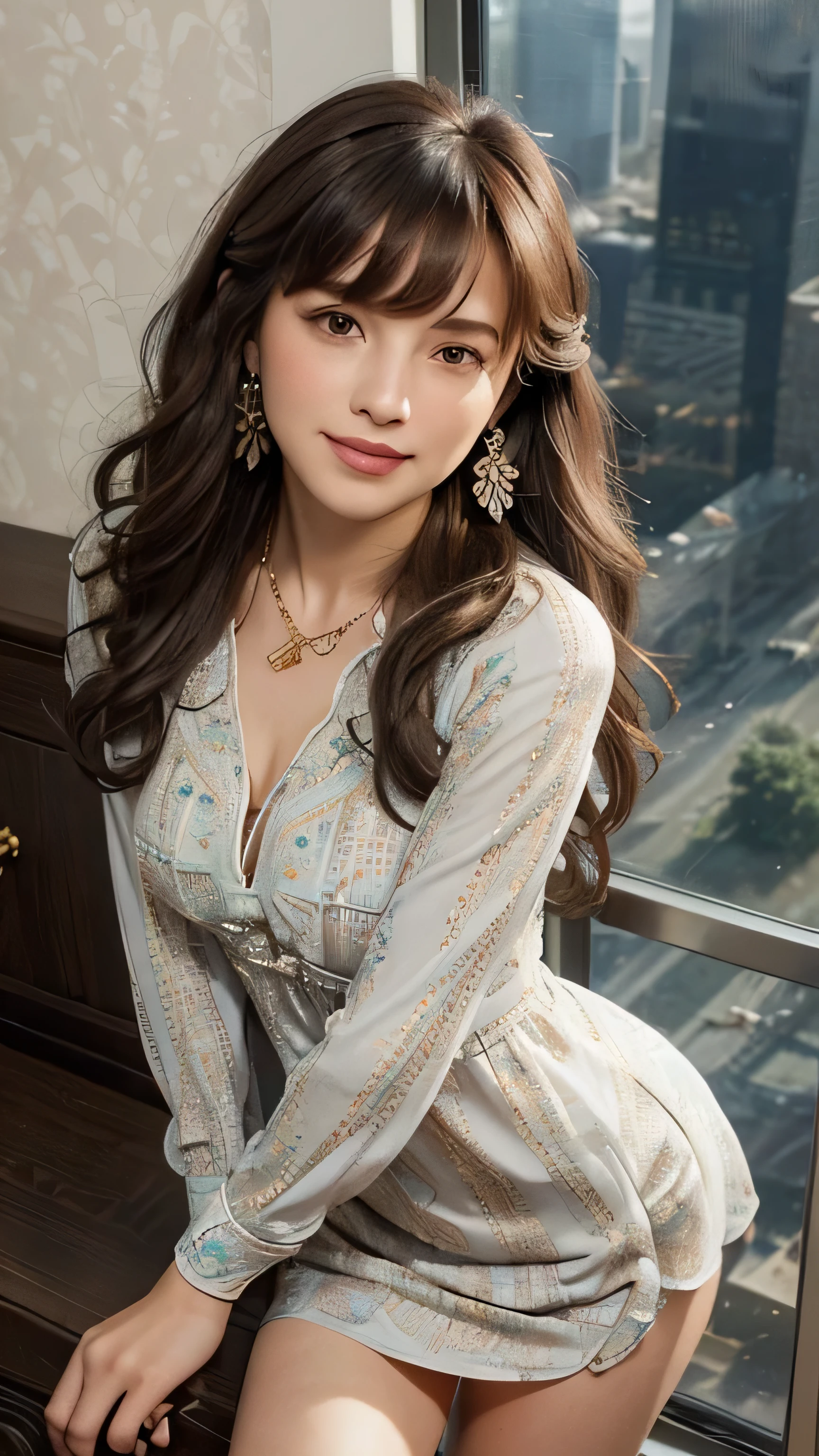 (Very delicate and beautiful: 1.2), 1 girl, bangs, Cute eyes, landscape, Hair between the eyes,Long sleeve, Looking at the audience, Medium Hair, alone, ((alone)), (masterpiece), Various movement poses、With a smile、Loosely inward wavy hair,Gold Necklace＿Large earrings,Extra long brown hair,wearing Classy blouse,rap mini skirt,((Skyscrapers look hazy outside the window:1.4)),((From an oblique angle above:1.5)),((intricately patterned shirt mini dress:1.5)),