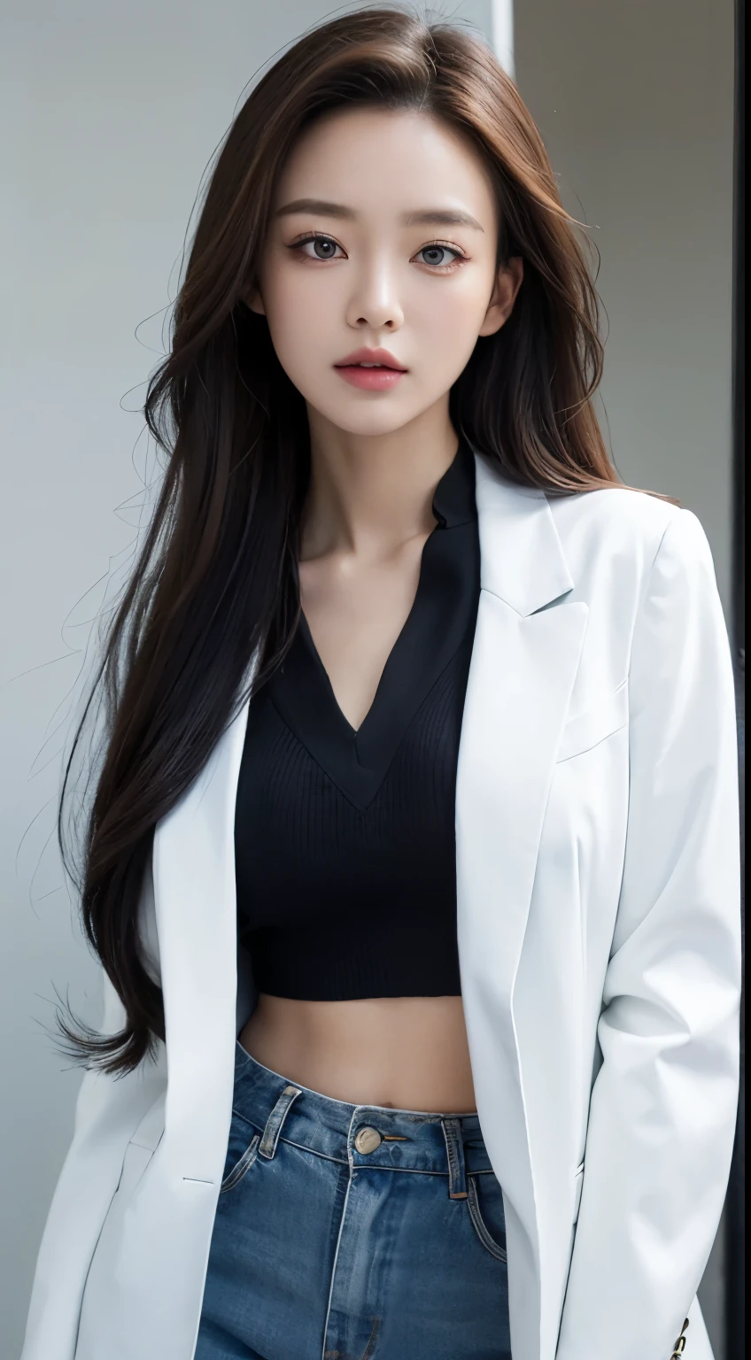 masterpiece, mackerel, Screen Shots, best quality, 1 woman, (scar over left eye), White cropped jacket, very detailed, rule of thirds, bijouterie, long hair, forehead, hair between eyes