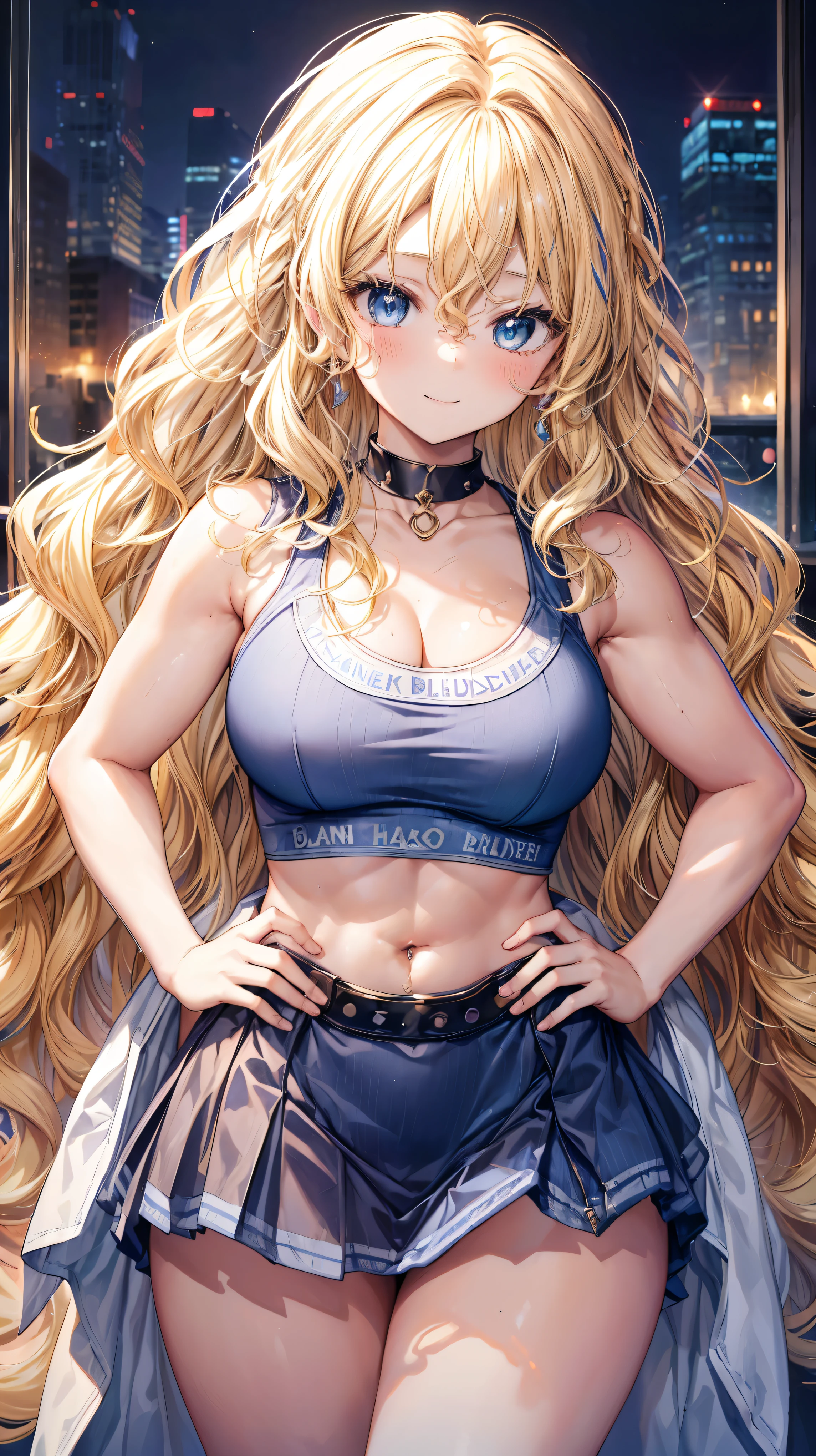 Very detailed、highest quality、Best image quality、masterpiece、8k、Anime Face、A kind smile、Open your mouth、Sparkling blue eyes、(Blonde wavy hair:1.5)、、Muscles of the whole body、Hands on hips、camisole、Thigh belt、mini skirt