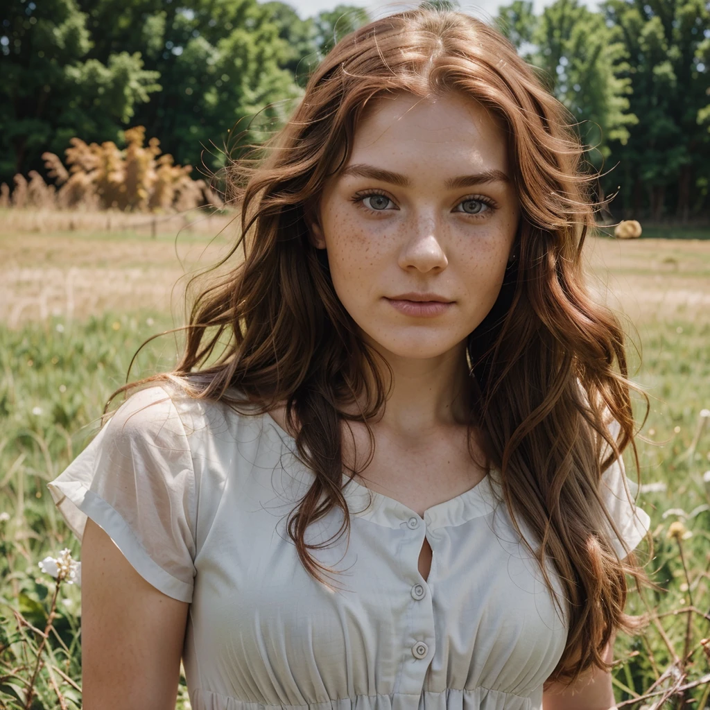 Siberian 26 years old, intense red head, gray eyes, realistic professional photo, dimples on the cheeks, perfect lean face, freckles, in the country, wearing a country large dress, very skinny, very curly long hair, face close up, as pale as possible, no shadows in her skin