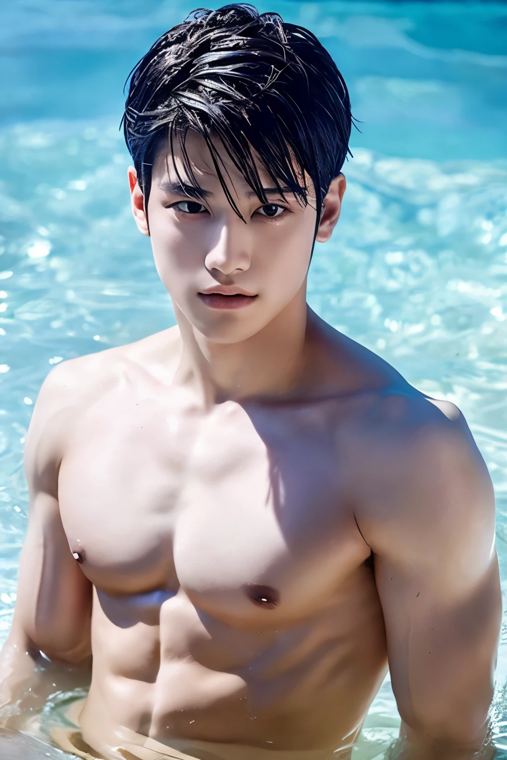 Shirtless muscular man with white hair and water-colored eyes
