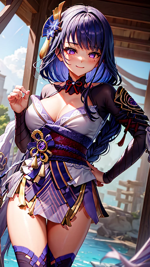 ((Masterpiece)), ((HD,)), ((aesthetic)), 《Raiden Shogun》, 《Genshin Impact》, 《Inazuma background》, cute face, blushing, smile, sexy pose, look at the left