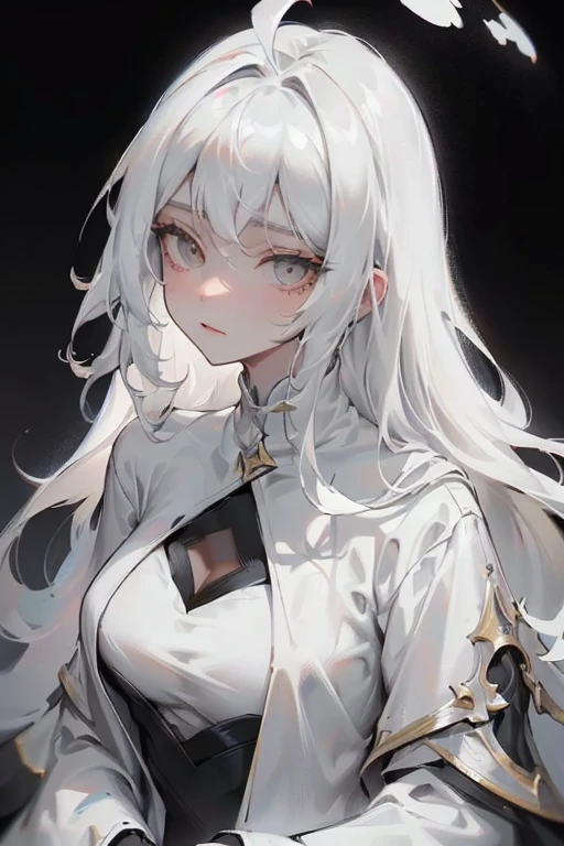 masterpiece, best quality, portrait of 1girl, adult woman, black background with a gray gradient from below, long white hair, clothes are a black narrow dress with gold elements, white light is falling from above, she holds her hands behind her head, looks straight at the camera
