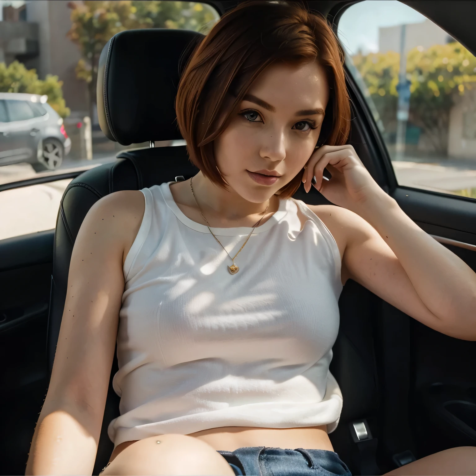 Short hair redhead girl 20 years old, en coche, luz intensa, foto Instagram, realista