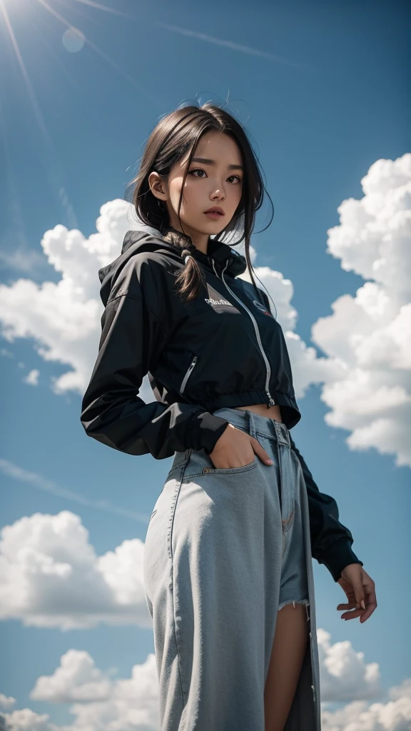 Female1, face, long hair, tight skirt, Huge clouds, I can see a little panties, big, Pabu gloss, 8 thousand, Hand details, Details, detailed eyes, perfect body, Voluminous body, Sexy Snowboard Uniform, Dolphin pants, small face, detailed face, perfect face, 아주 big 가슴, Small Hands, balance eye,