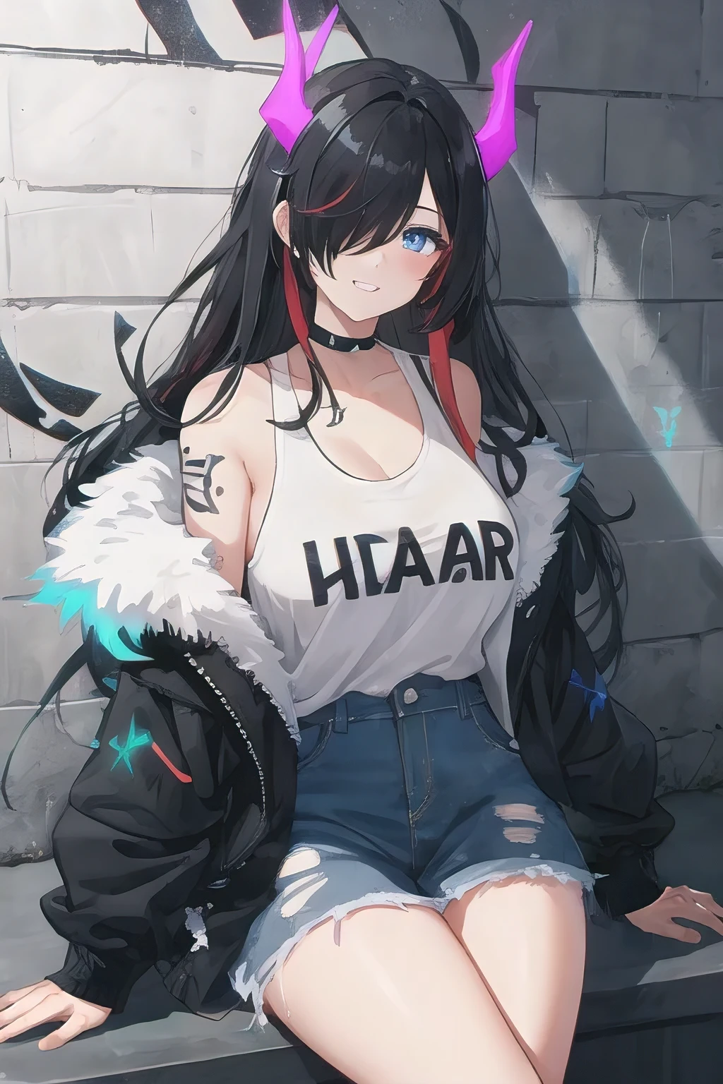 best quality, intricate details, chromatic aberration,1girl, long hair, black hair, messy hair, red highlights, hair over one eye, blue eyes, sharp eyes, Laughing ,choker, neon shirt, torn cloths, jacket,against wall, brick wall, graffiti, glowing grafiti, glowing tattoos, glow, neon lights, blacklight, white and reddish demon horns,huge breasts