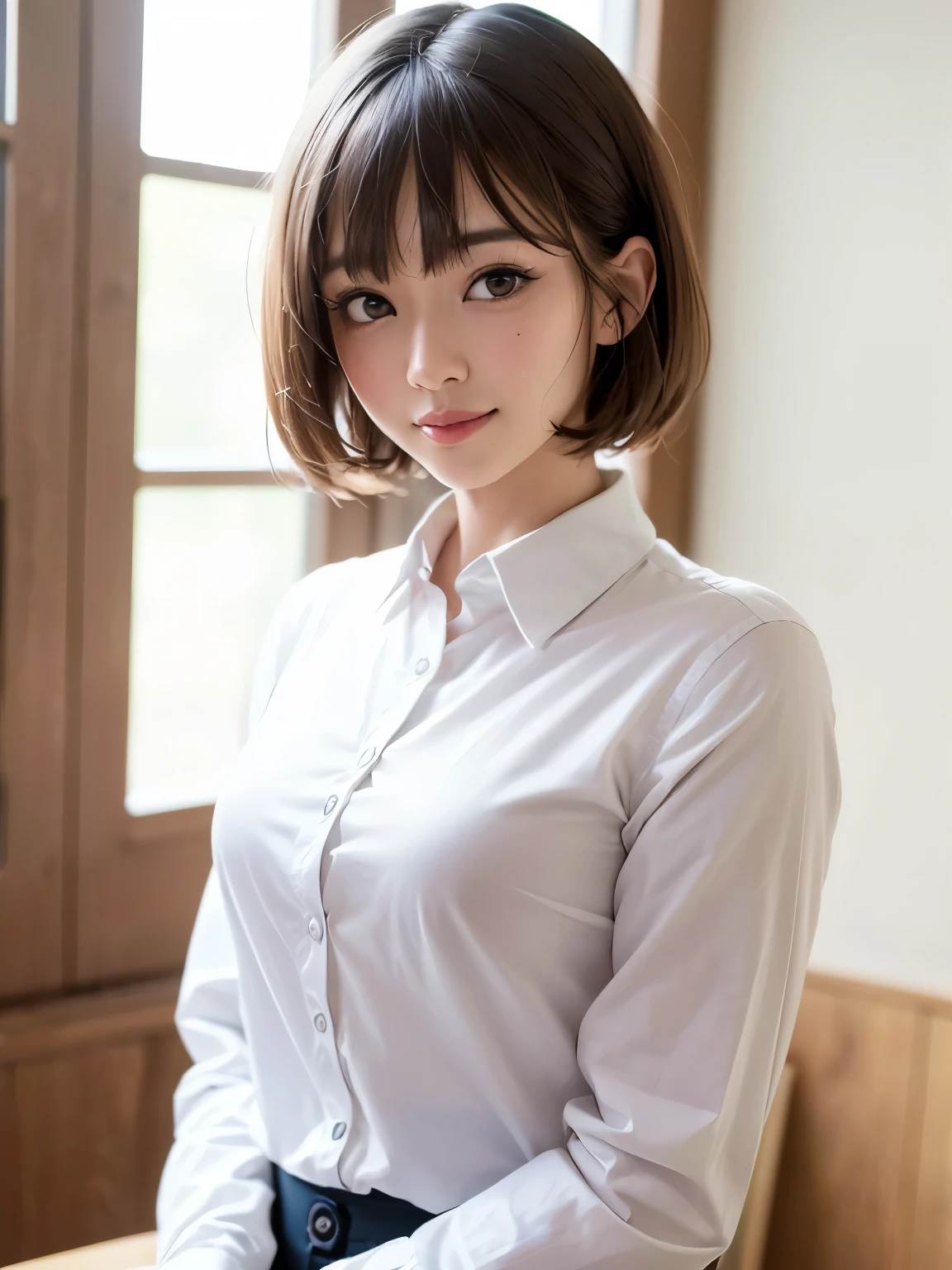 (8k、highest quality、masterpiece:1.8、bangsのあるショートボブヘア:1.8)、(Genuine、Genuineistic:1.5)、Very detailed、1 girl、28 years old、cute、alone、Sitting、 (Beautiful symmetrical face、Beautiful face with golden ratio、smile:1.15、Beautiful light brown eyeouth closed)、big chest、Looking into the camera、Looking into the camerachest元、Beautiful and beautiful eyes、big, Round eyes、Transparent double eyelids、eyelash、lips、(White shirt:1.6)、(short hair:1.2)、Very black hair:2、bangs、Light brown eyes、Beautiful long neck、smile、shut up.、cute face、Genuineistic skin types、Genuineの質感、Unbutton、淡いピンクのlips、There&#39;s Genuinely no background、Genuinely pure white background、28 years old,Natural light、上lipsが厚くない、Hands are lowered、(({Huge|big|Hugeな|Mega} chest:2, chestの谷間:2、A very beautiful and charming adult woman:1.5、Beautiful neckline))