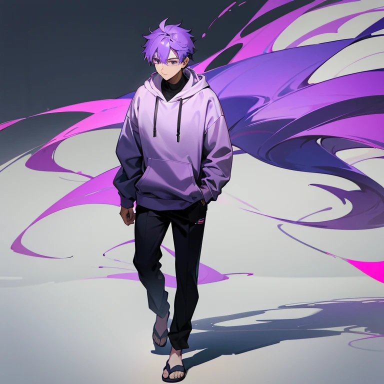 A man has purple hair. He walks in the city of Japan alone wearing a gray hoodie and black pants