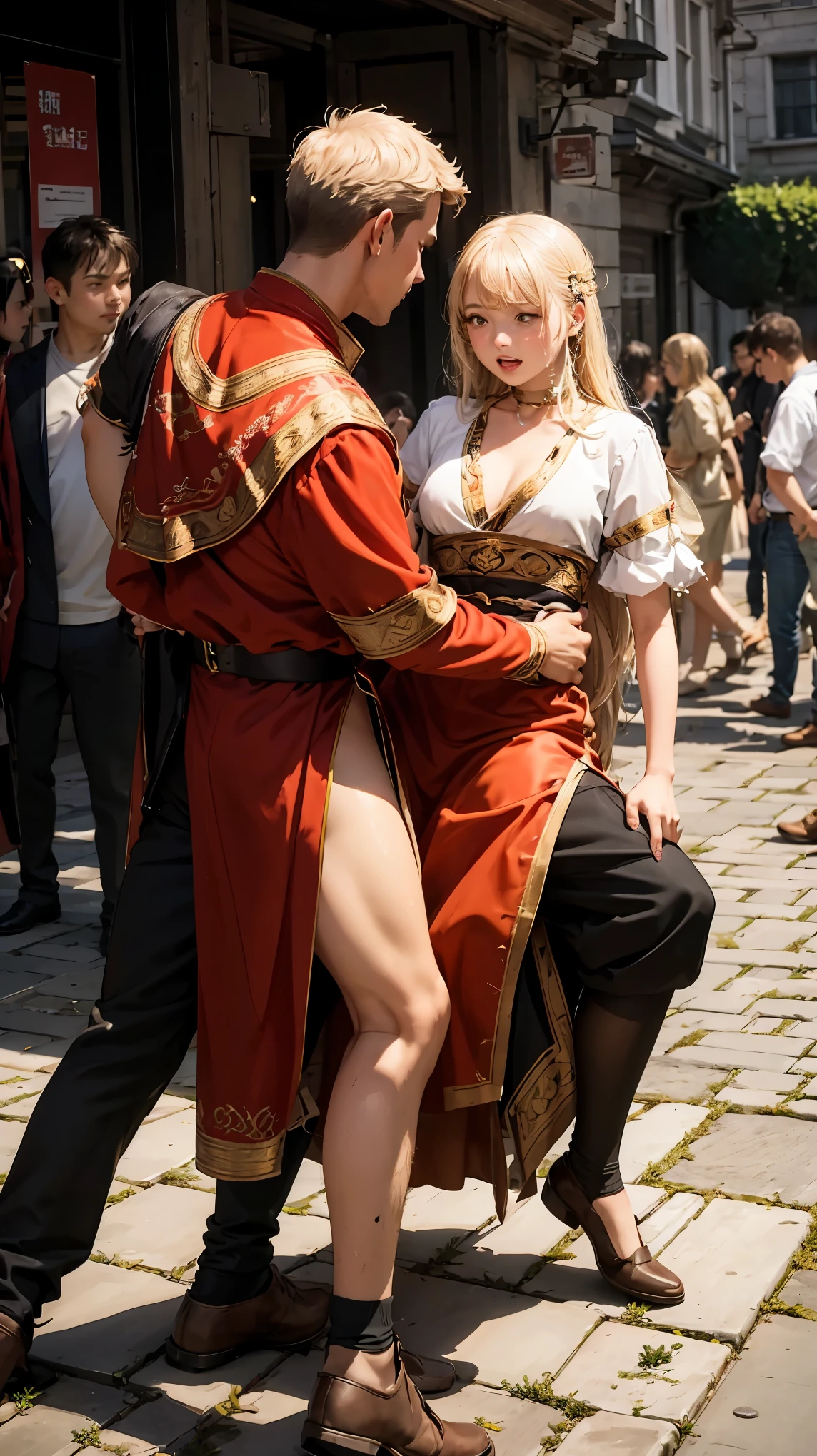 highest quality、8k quality、Man Attacking、Blonde woman in traditional Roman costume riding a man、A man touches a woman&#39;s breast（1.8）、slender、Small face、16 years old、Open your mouth（1.7）、Tears（1.7）、Wet crotch（1.7）、nude crotch