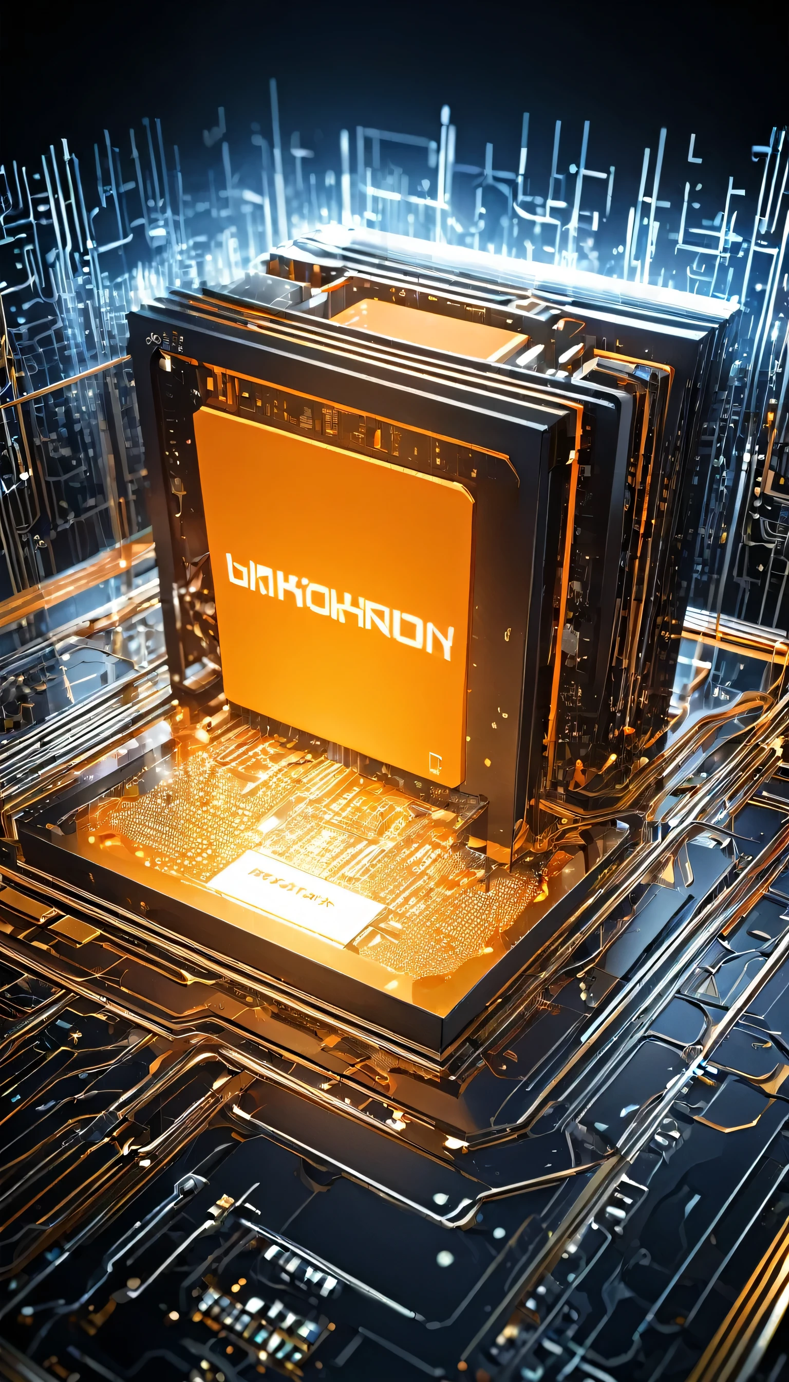 Orange,Chipset,Product Close-up,Close-up of the Photogram,Movie Rendering,C4D,AI intelligence,Binary data stream,3d,ultra-high definition texture details,integrated circuit,cpu,network,Data Stream Channel,Special effect,(The emitted light converges in the middle:1.5),container_architecture