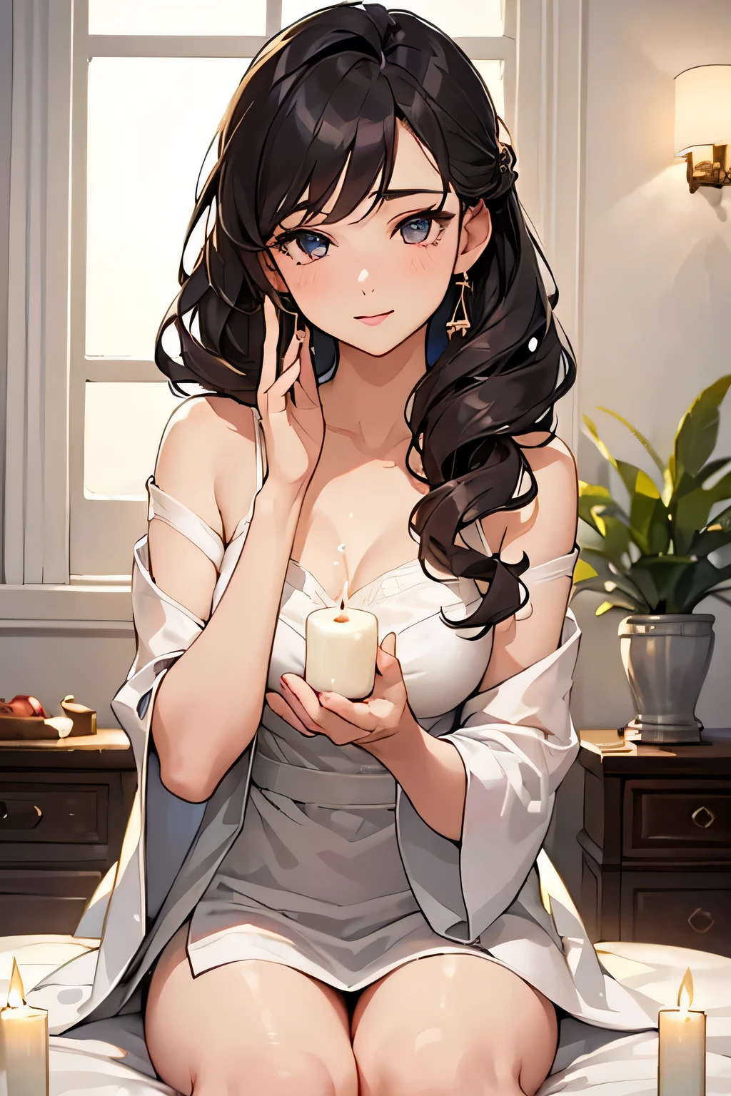 highest quality、High resolution、Detailed Background、(Beautiful face in every detail:1.4)、Anatomically correct、(Draw the usual number of fingers:1.2)、(Detailed facial expressions)、(Detailed eyes:1.2)、(Detailed eyes:1.2)、Beautiful, smooth skin、Beautiful women in their 20s、(Highly detailed face:1.4)、Cute hair color、Cute hairstyle、Wavy Hairstyle、Perfect body line、cute gesture、
(Woman enjoying relaxation time at home:1.5)、
You can create a sexy mood by placing candles in your living room or bedroom and lighting them with soft light.、Choosing a scented candle will make you feel even more relaxed.、
Enjoy a relaxing massage or body care session at home and take the time to love yourself.、Enjoy your skincare time by using aroma oils and body creams.
