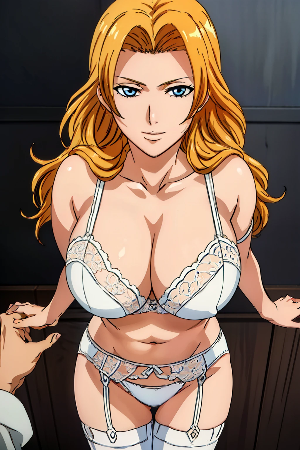 (Kabedon POV : 1.3), bare shoulder, white lace bra, white lace panties, white garter belt, luxury bedroom background, matsumoto rangiku, anime cels style, best quality, high resolution, (huge breasts:1.3), cowboy shot, (potrait body), blue eyes, Blonde hair, bangs, Long hair, 1 girl, looking at viewer, beautiful face, Beautiful Finger, Beautiful long legs, Beautiful body, Beautiful Nose,Beautiful character design, light smile