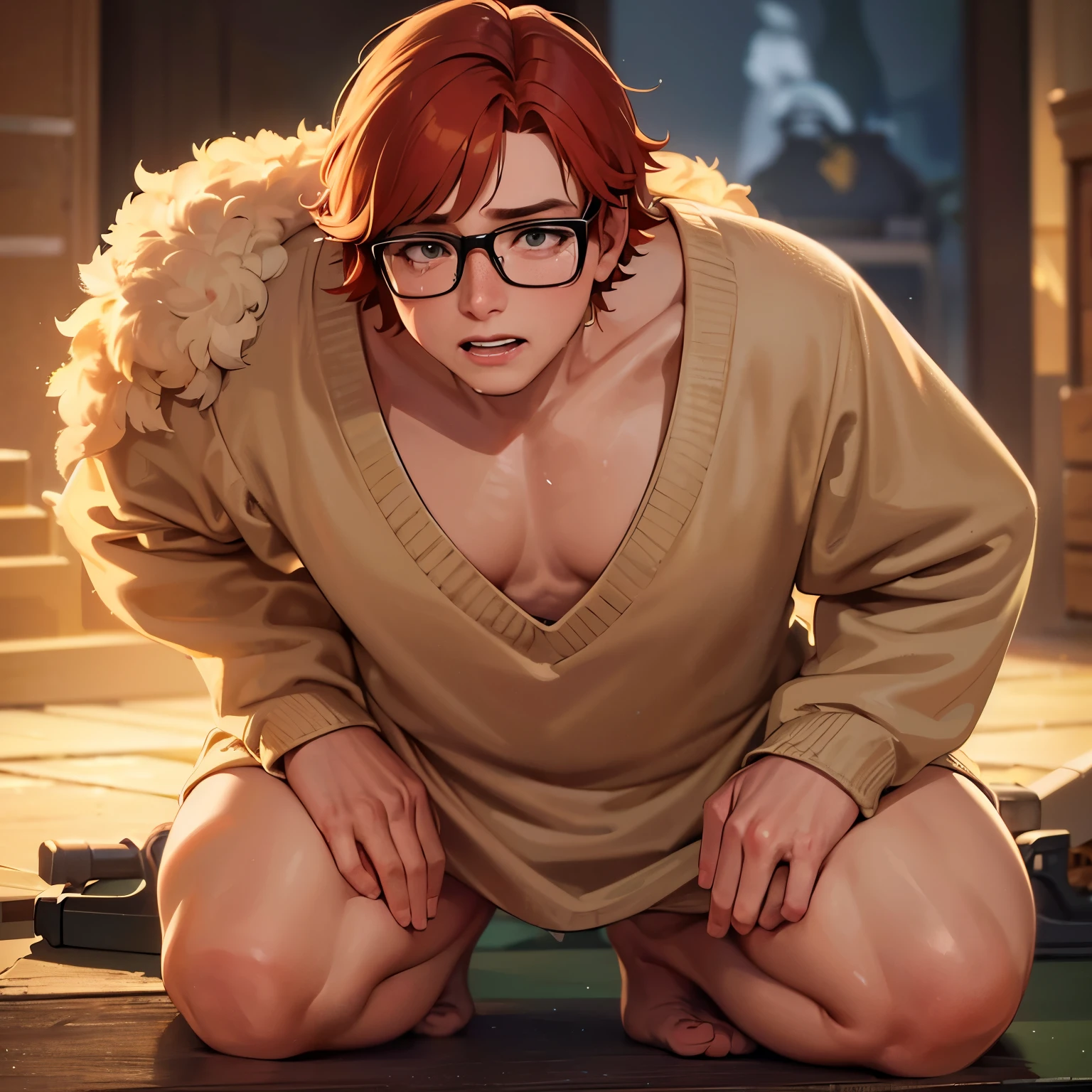 (best quality,4k,8k,highres,masterpiece:1.2),ultra-detailed,(realistic,photorealistic,photo-realistic:1.37),character:1.2,human:1.1,emotional:1.2,man:1.1,guy:1.1,chubby,ginger,rounded glasses,freckles(begging:1.1,tears:1.1,on his knees:1.1)