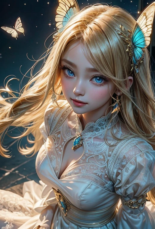 暗闇の中を羽ばたくbutterfly々Shine、As beautiful as a dream、It touches my heart.、Angel Beautiful Girl、Beautiful face in every detail、Upper Body、From above、White skin、smile、A white lolita dress made of soft lace、Curly long blonde hair、A beautiful hair ornament made of delicate gold、Big cute blue eyes.,Cute、butterfly々:Iridescent:Seven Colors:Illumination:Shine,Dark Background,flash,とてもflash,masterpiece,最高masterpiece,,Beautiful sight,dream-like,優しくShinebutterfly々,gracefully,rendering,Unreal Engine,Zentralg Elements,Intricate details,gracefully描く,With great care,Particles of light:Shine鱗,butterflyの羽ばたきの軌跡がShine,Rich colors,colorful,Anatomically correct,Beautiful light and shadow,Mysterious,Fantasy,,Digital Art