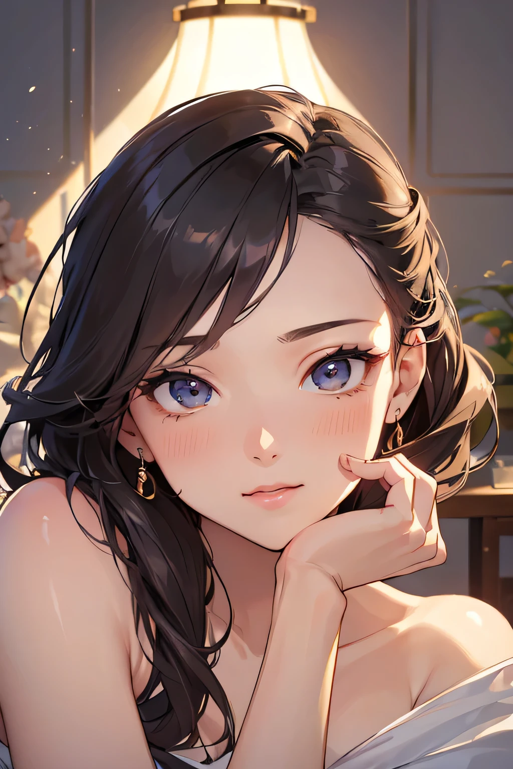 (highest resolution、separate_video) best quality、((light))、very detailed、semi-realistic、((assembly)),braided hairstyle、smile、forehead、섬세한 facial features、facial features、View below、((detailed eyes)) , sexy lingerie , portrait , nsfw , huge breasts