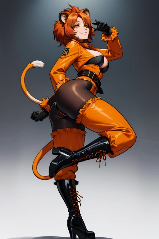 female, red short hair with yellow highlights, orange eyes, (((1girl))), (((lion suit))), (black gloves), (black lace up boots), (black belt), (white stockings), (lion ears), (lion tail), cute and sexy, large breasts, large butt, full body, long legs, smiling