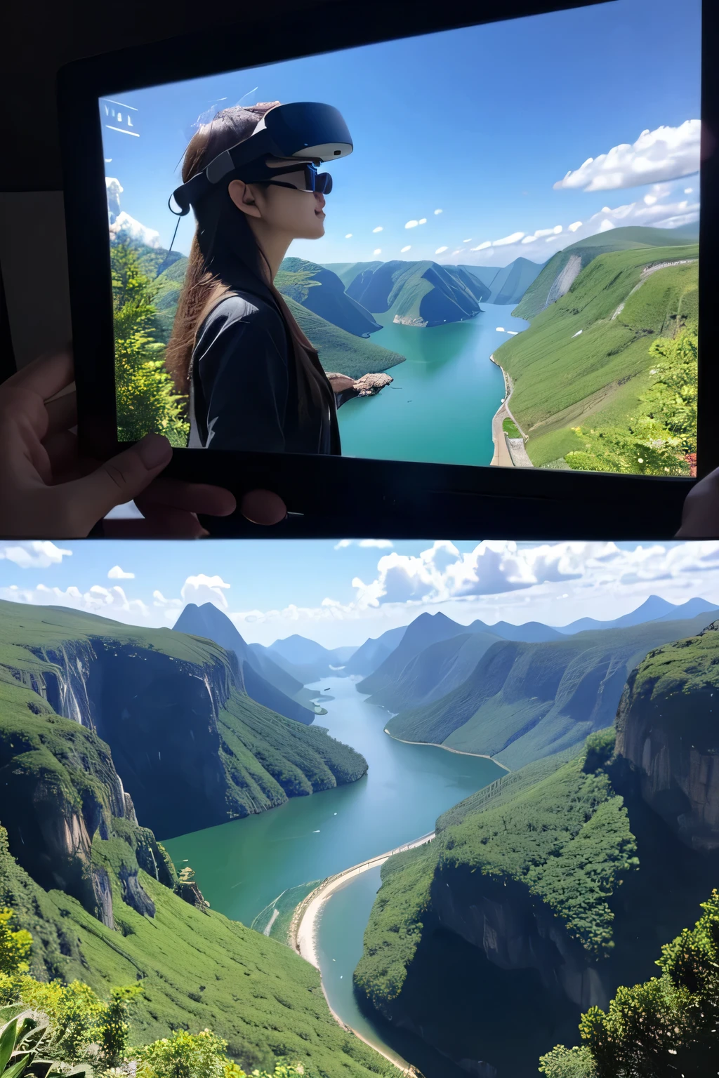 People wearing VR glasses,See the magnificent scenery,Two screen fusion,A feeling of God's perspective,A shocked expression,Character profile