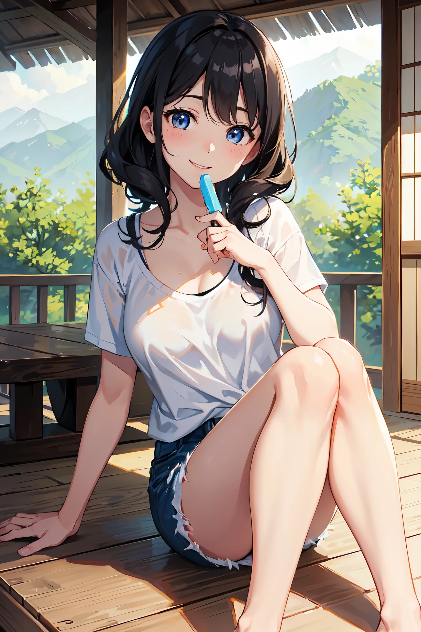 CG, Unity, 8k, wallpaper, highest quality, masterpiece, haruka amami, (smile: 1.2), 1 high school girl、Black Hair、Curly Hair、Blue Eyes、Dense lips、Sit on the veranda, Black Camisole BREAK Denim Shorts, barefoot, Thighs, Sweat, Best lighting, Complex pupil, Complex weaving, Detailed Background, Japanese countryside, She shows the viewer a popsicle in her hand.